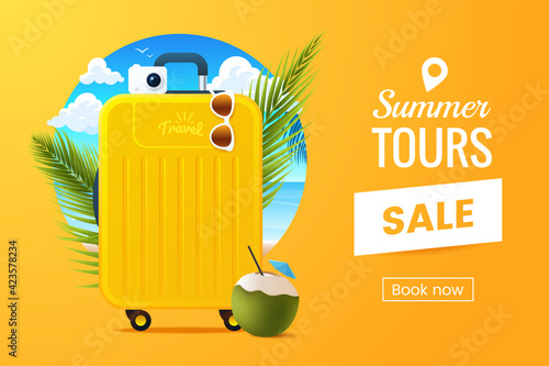 Summer vacation vector illustration. Composition with travel suitcase on the background of the beach and palm leafs. Sale tours promo banner design. Traveling poster concept. 3d style.
