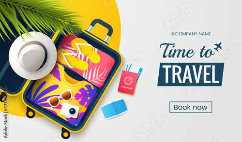 Time to travel. Summer vacation flat lay vector illustration. Open suitcase with stuff, protective face mask and accessories. Preparation for seasonal vacations. Traveling promo banner design.