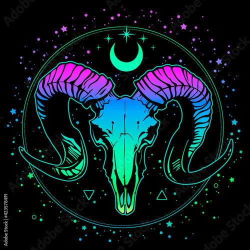 multicolored composition of goat skull and bright stars