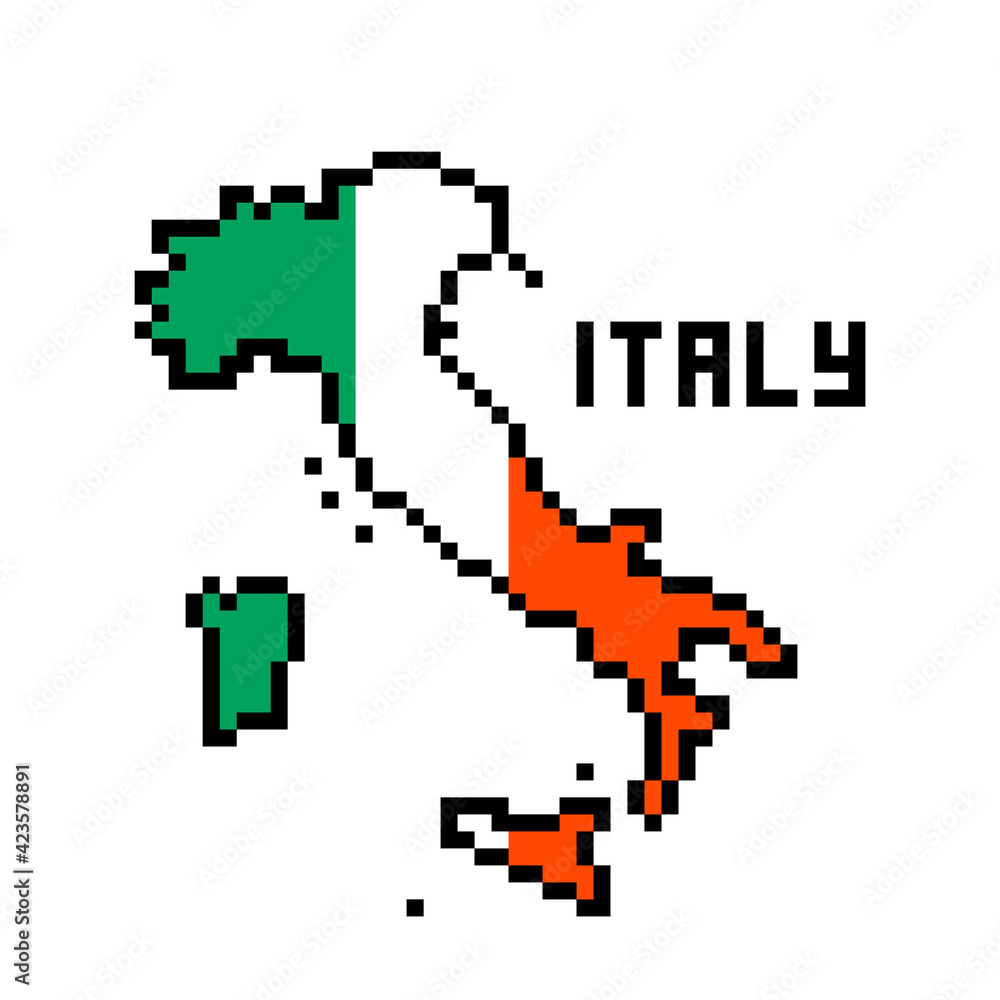 Fototapeta premium 2d 8 bit pixel art Italy map covered with flag isolated on white background. Old school vintage retro 80s, 90s platform computer, video game graphics.Slot machine design element.Country geography.