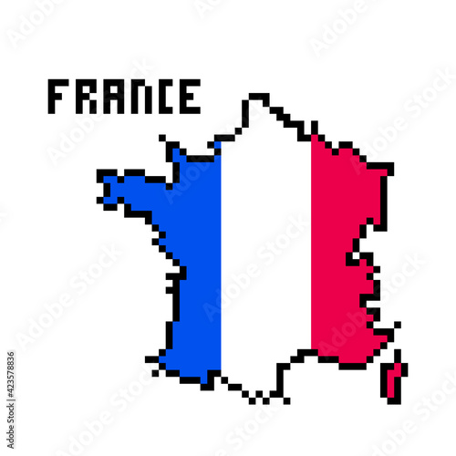 2d 8 bit pixel art France map covered with flag isolated on white background. Old school vintage retro 80s, 90s platform computer, video game graphics.Slot machine design element.Country geography.