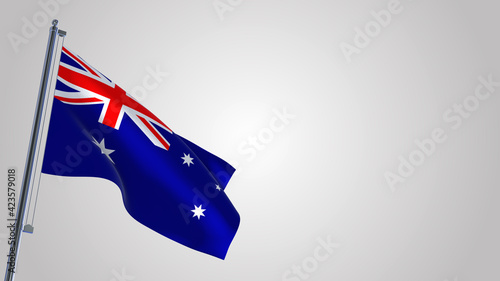 Australia 3D waving flag illustration on a realistic metal flagpole. Isolated on white background with space on the right side. 
