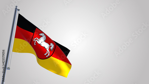 Lower Saxony 3D waving flag illustration on a realistic metal flagpole. Isolated on white background with space on the right side. 