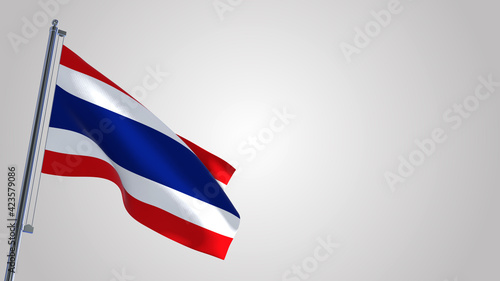 Thailand 3D waving flag illustration on a realistic metal flagpole. Isolated on white background with space on the right side. 