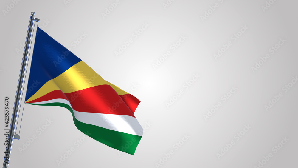 Seychelles 3D waving flag illustration on a realistic metal flagpole. Isolated on white background with space on the right side. Seychelles 3D waving flag illustration on a realistic metal flagpole. Isolated on white background with space on the right side.