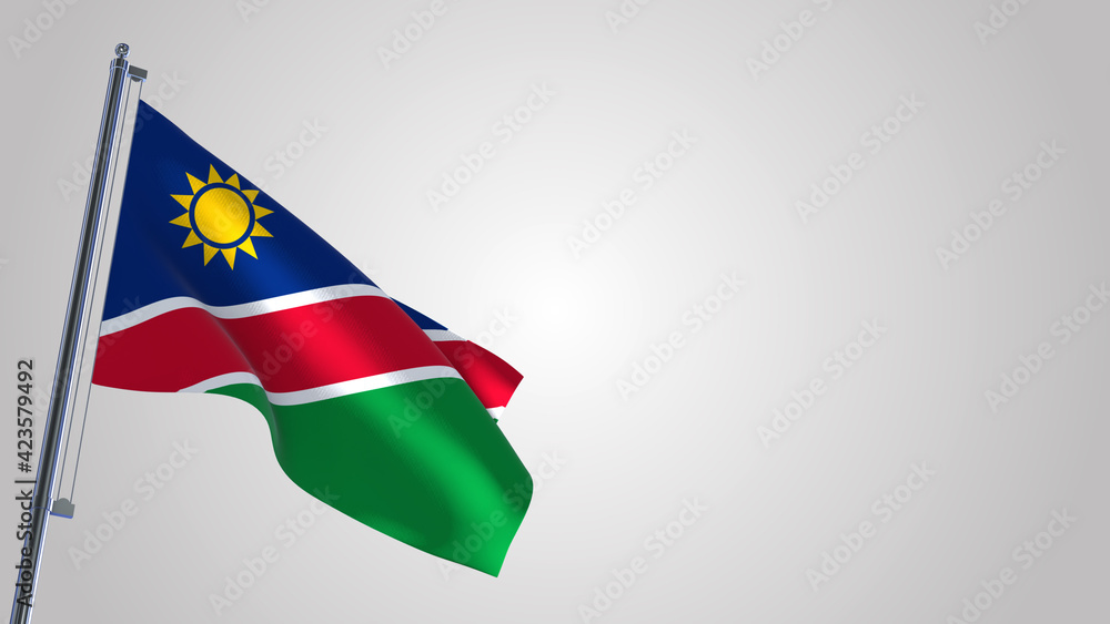 Namibia 3D waving flag illustration on a realistic metal flagpole. Isolated on white background with space on the right side. Namibia 3D waving flag illustration on a realistic metal flagpole. Isolated on white background with space on the right side.