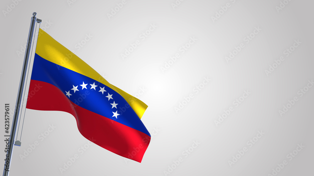 Obraz premium Venezuela 3D waving flag illustration on a realistic metal flagpole. Isolated on white background with space on the right side.