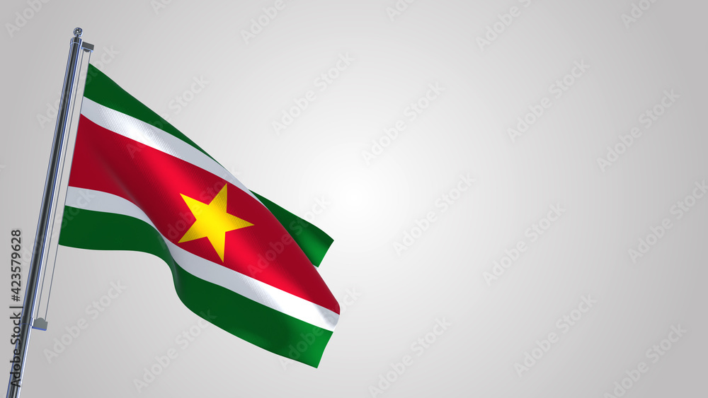 Suriname 3D waving flag illustration on a realistic metal flagpole. Isolated on white background with space on the right side. Suriname 3D waving flag illustration on a realistic metal flagpole. Isolated on white background with space on the right side.