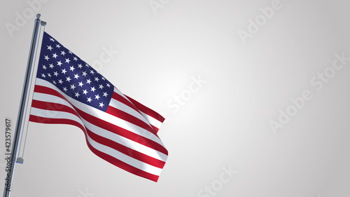 United States 3D waving flag illustration on a realistic metal flagpole. Isolated on white background with space on the right side. 