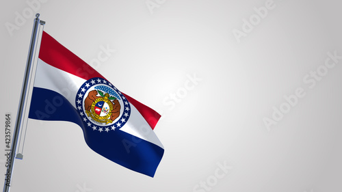 Missouri 3D waving flag illustration on a realistic metal flagpole. Isolated on white background with space on the right side. 