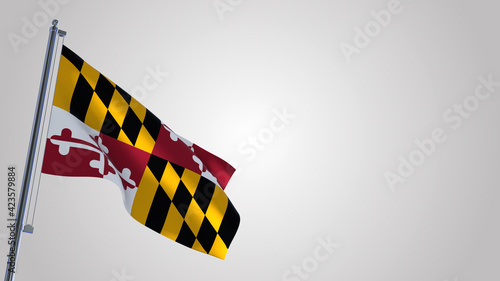 Maryland 3D waving flag illustration on a realistic metal flagpole. Isolated on white background with space on the right side. 