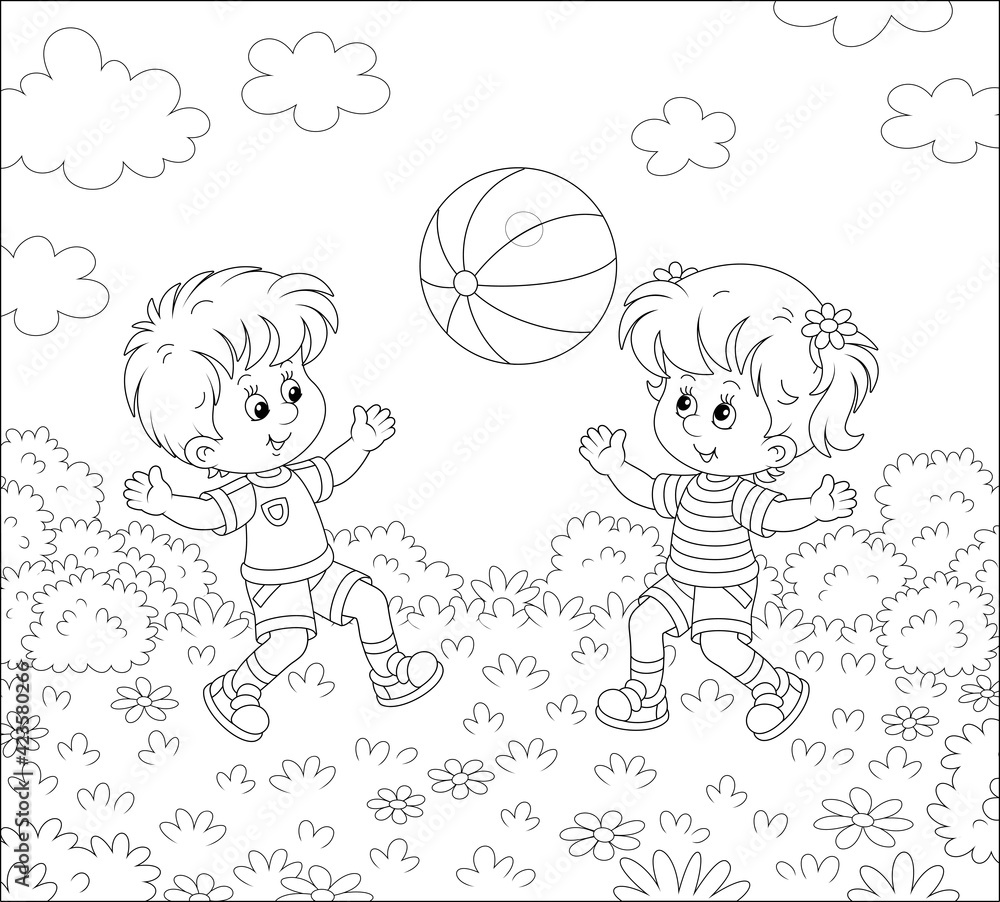 Fototapeta Happy little kids playing a big striped ball on a pretty playground on a warm summer day, black and white outline vector cartoon illustration for a coloring book page
