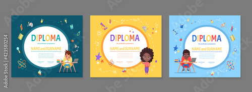Set of colorful children diploma certificate for kindergarten or elementary preschool with cute children kids sitting at the table and making the homework. Cartoon flat vector illustration
