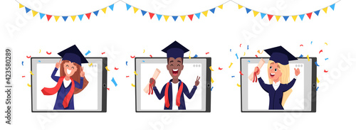Young graduates wearing academic gown and cap, holding a diploma in tablet. Virtual graduation ceremony via video call from home during coronavirus lockdown. Vector cartoon flat illustration