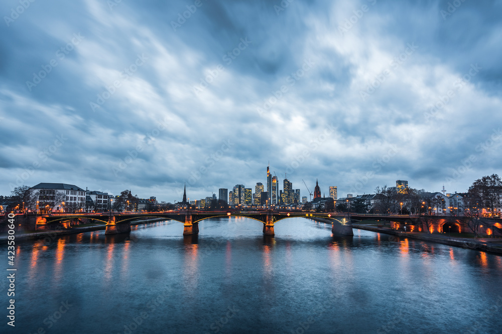 Panoramic view of Frankfurt at the blue hour, Germany.