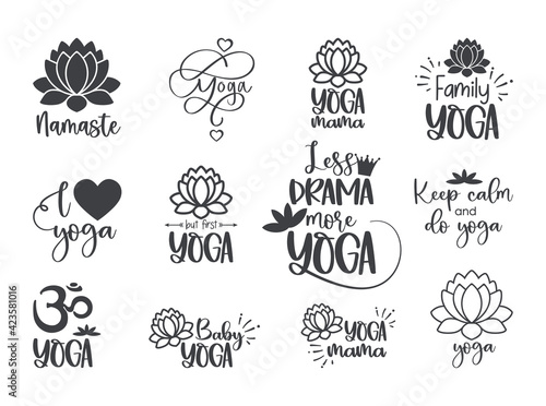 Set of yoga symbols and inscriptions. Lotus flower and OM yoga logo