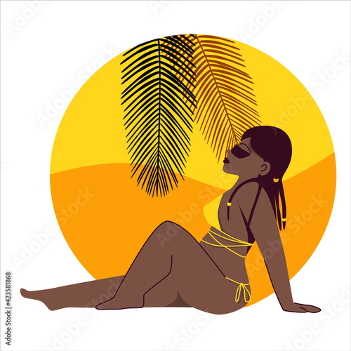 Beautiful african american plus size model tans in yellow bikini. Vector flat illustration isolated on white background. photo