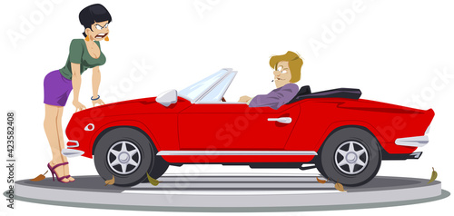 Girl swears with driver luxury auto. Illustration for internet and mobile website.