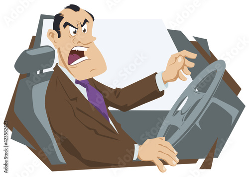 Angry man in auto. Annoyed driver driving car. Illustration for internet and mobile website.
