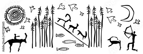 Drawings of primitive people. Archeology. Rock painting.	