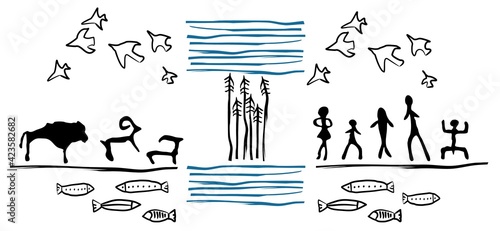 Drawings of primitive people. Archeology. Rock painting.	