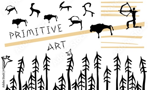 Drawings of primitive people. Archeology. Rock painting.	