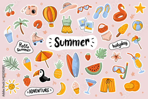 Hello Summer cute stickers template set. Bundle of clothes, shoes, food, drinks, objects. Holiday, sea resort, season entertainment. Scrapbooking elements. Vector illustration in flat cartoon design