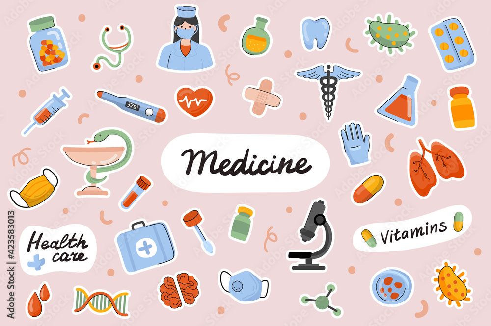 Medicine cute stickers template set. Bundle of doctor, treatment of ...