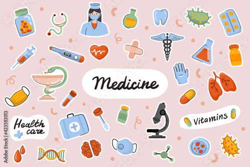 Medicine cute stickers template set. Bundle of doctor, treatment of diseases, drugs vitamins, medical items. Healthcare objects. Scrapbooking elements. Vector illustration in flat cartoon design