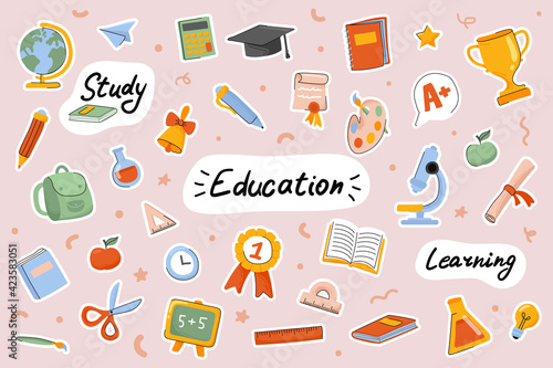 School and education cute stickers template set. Bundle of textbooks, stationery supply, science, study lessons, classroom objects. Scrapbooking elements. Vector illustration in flat cartoon design
