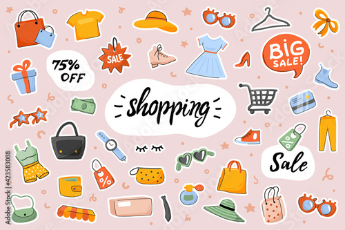 Shopping cute stickers template set. Bundle of clothes, shoes, accessories, purchases bags, shop items. Big sale discount prices. Scrapbooking elements. Vector illustration in flat cartoon design