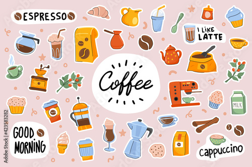 Coffee cute stickers template set. Bundle of cups with cappuccino, espresso, latte, desserts, beverage equipment, breakfast symbols. Scrapbooking elements. Vector illustration in flat cartoon design