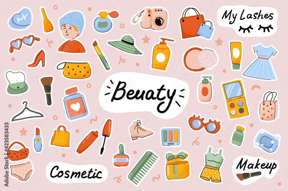 Beauty cute stickers template set. Bundle of face and body care procedures, routine, cosmetics, female makeup, stylish outfits. Scrapbooking elements. Vector illustration in flat cartoon design