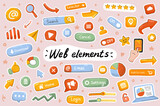 Web elements cute stickers template set. Bundle of site navigation, menu buttons, setting, mobile and computer page interface symbols. Scrapbooking objects. Vector illustration in flat cartoon design