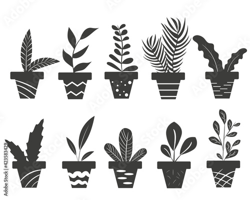 Set of potted houseplants silhouettes isolated on a white background