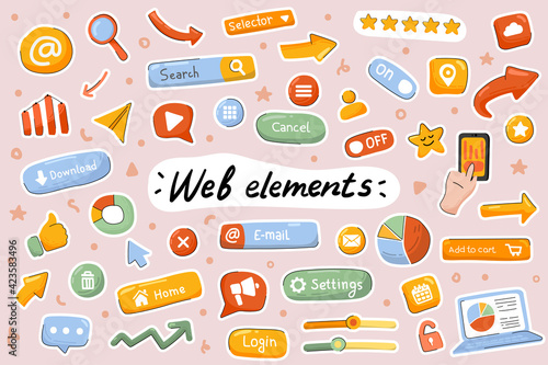 Web elements cute stickers template set. Bundle of site navigation, menu buttons, setting, mobile and computer page interface symbols. Scrapbooking objects. Vector illustration in flat cartoon design
