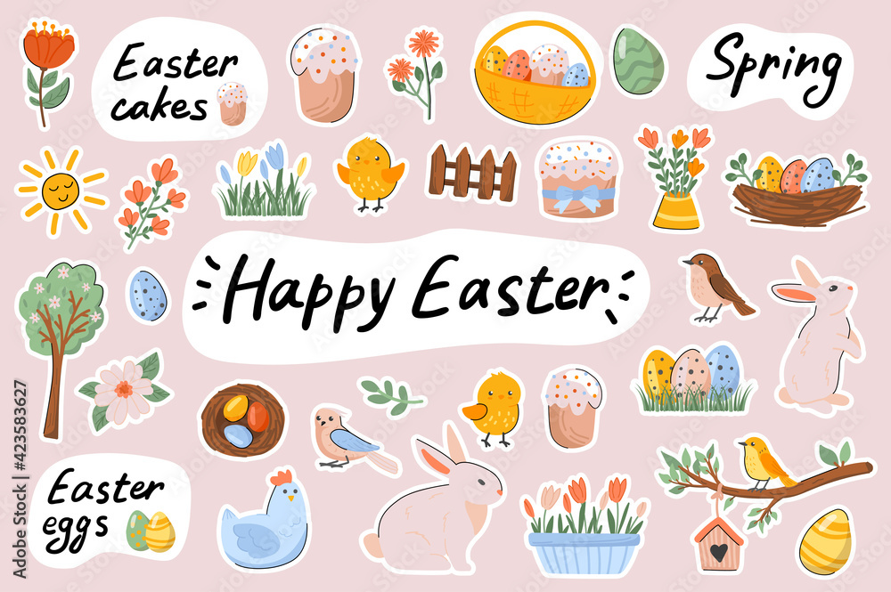 Happy Easter cute stickers template set. Bundle of festive cakes, eggs, bunnies, chickens, flowers, springtime holiday symbols. Scrapbooking elements. Vector illustration in flat cartoon design