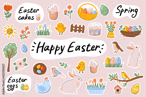 Happy Easter cute stickers template set. Bundle of festive cakes  eggs  bunnies  chickens  flowers  springtime holiday symbols. Scrapbooking elements. Vector illustration in flat cartoon design