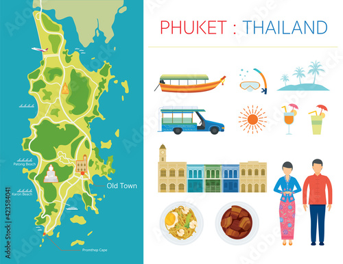 Phuket Map and Tourist Attraction Objects, Peranakan Culture, Food, Architecture and People