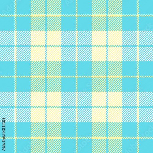 Easter Tartan plaid. Scottish pattern in blue and yellow cage. Scottish cage. Traditional Scottish checkered background. Seamless fabric texture. Vector illustration