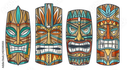 Trendy hawaii wooden tiki mask for surfing bar. Traditional ethnic idol of hawaiian, maori or polynesian. Old tribal totem