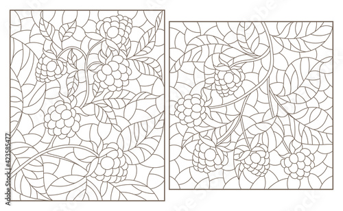 Set of contour illustrations of stained glass windows with branches with berries and leaves, dark outlines on a white background, rectangular images
