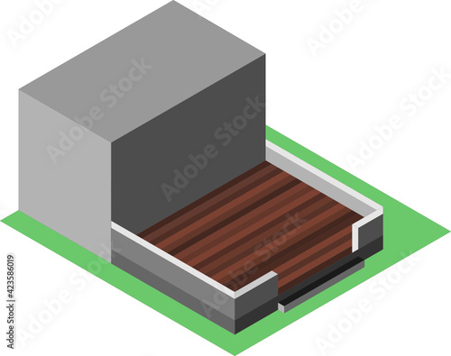 Wooden terrace isometric with dark wood. Geometric construction