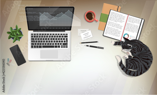 Coworking home-office interior with laptop and table with coffee cup, documents, smartphone, notebooks and  cat slipping on the table. Top view workspace vector illustration