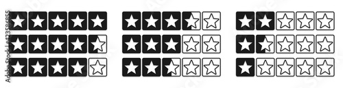 Black star icon review set. Isolated five stars customer feedback on white background. Product score concept. Full and half star UI design. Flat vector illustration.