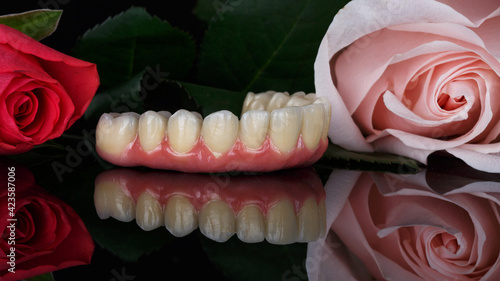 beautiful dental composition of the upper jaw prosthesis and flowers on black glass with creative reflection