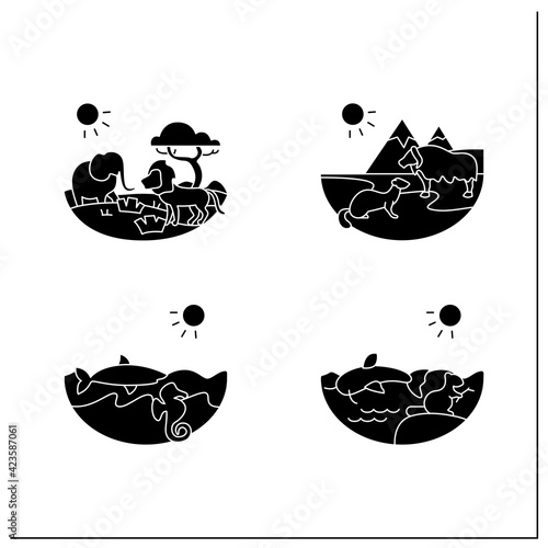 Biodiversity glyph icons set. Consists of desert, savana, tundra, freshwater, marine ecosystems. Biodiversity concept.Filled flat signs. Isolated silhouette vector illustrations