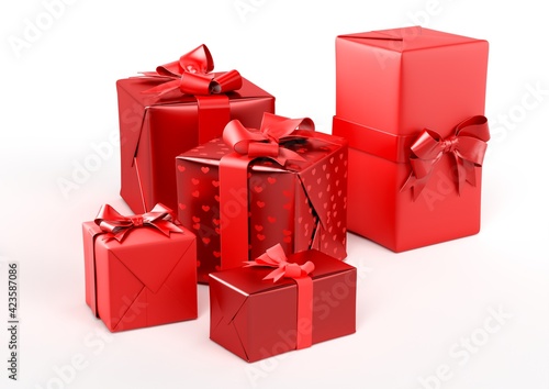 Fototapeta Naklejka Na Ścianę i Meble -  Red gifts with ribbons and laces on white background, 3d realistic render, for sales, san valentin or christmas