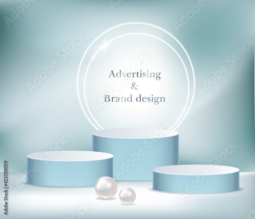 Realistic vector cylindric podium for your product design. Template contains three empty stages, light effects and pearls