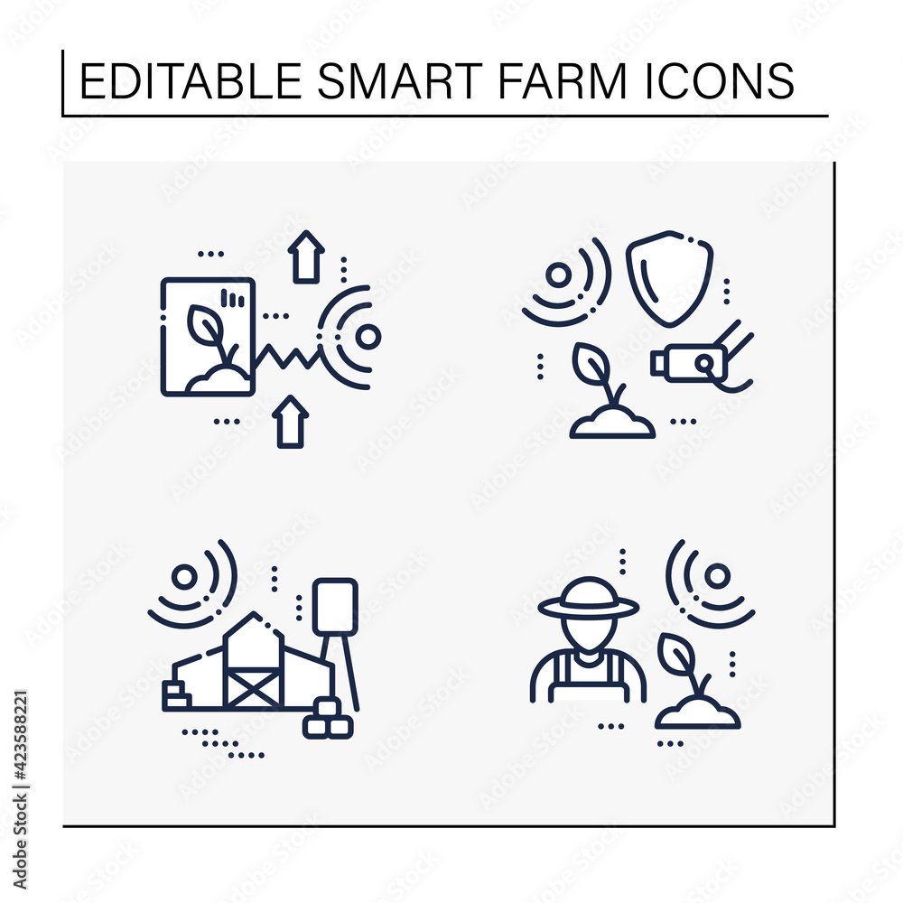 Fototapeta premium Smart farm line icons set. Consist of large farm, CCTV, agronomist, crop monitoring.Agricultural innovation concepts.Isolated vector illustrations. Editable stroke